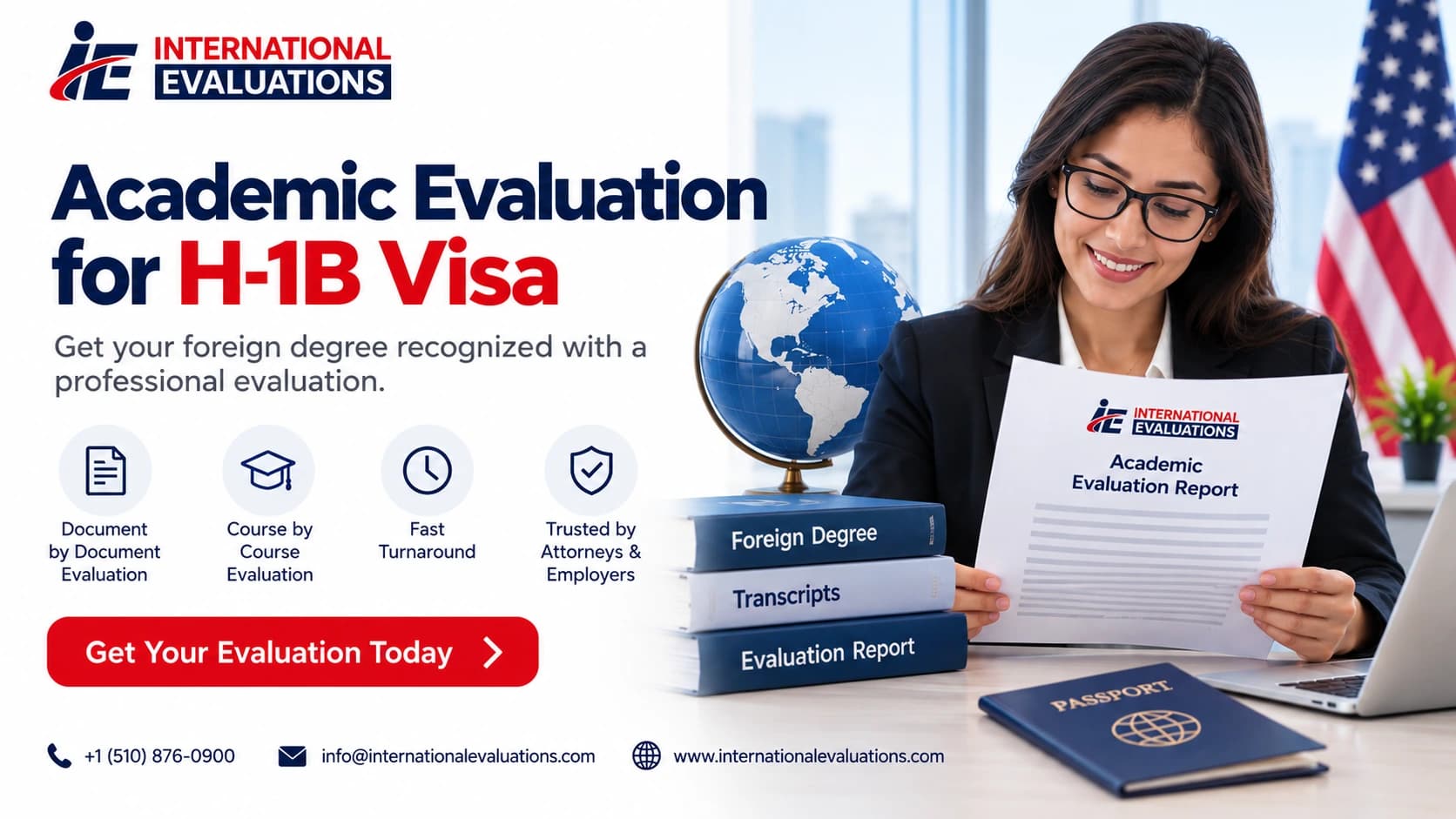 Academic evaluation for an H-1B visa with foreign degree documents, transcripts, and an evaluation report.