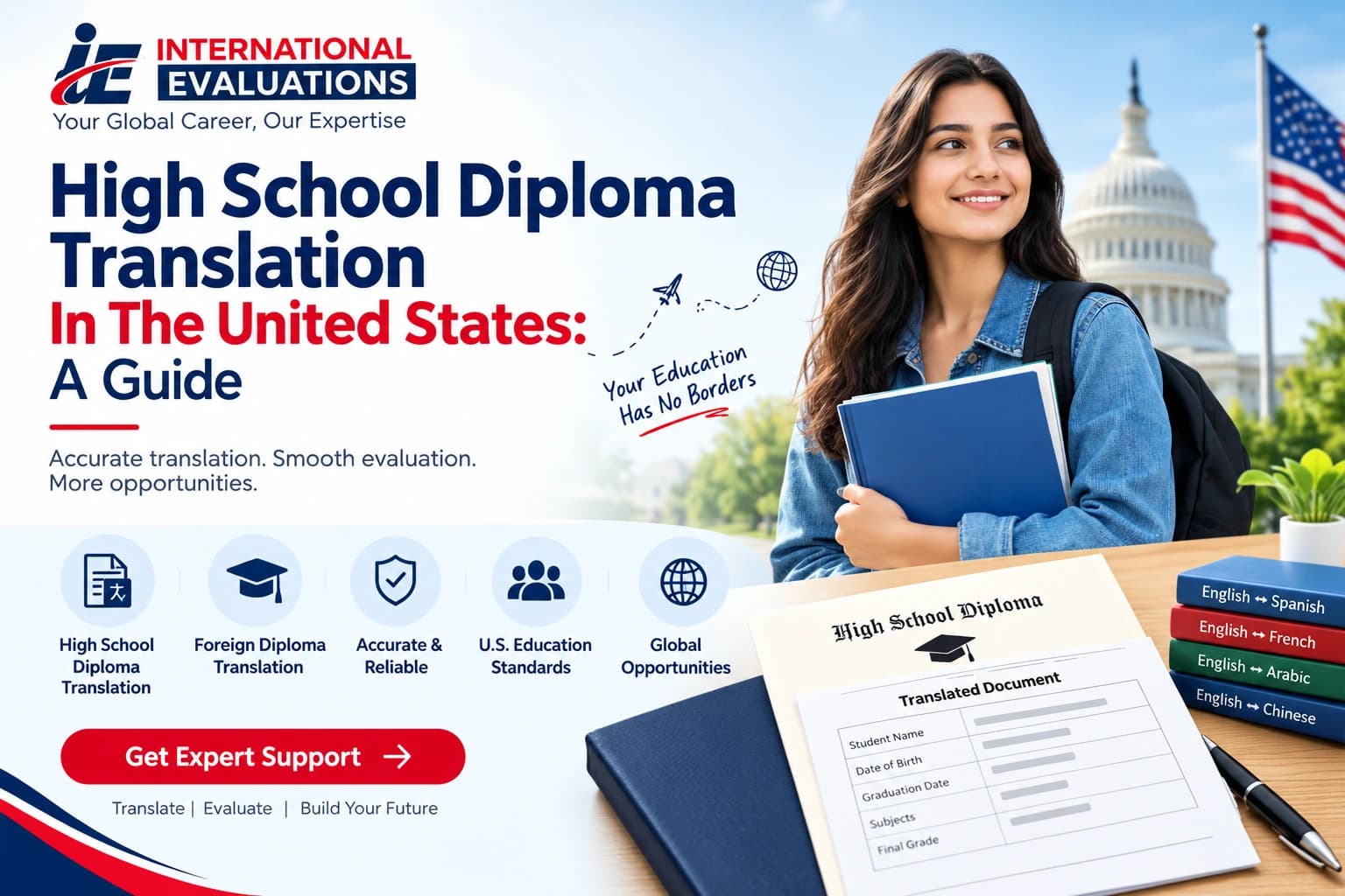 High school diploma translation in the United States, with translated documents, academic records, and a student holding books.