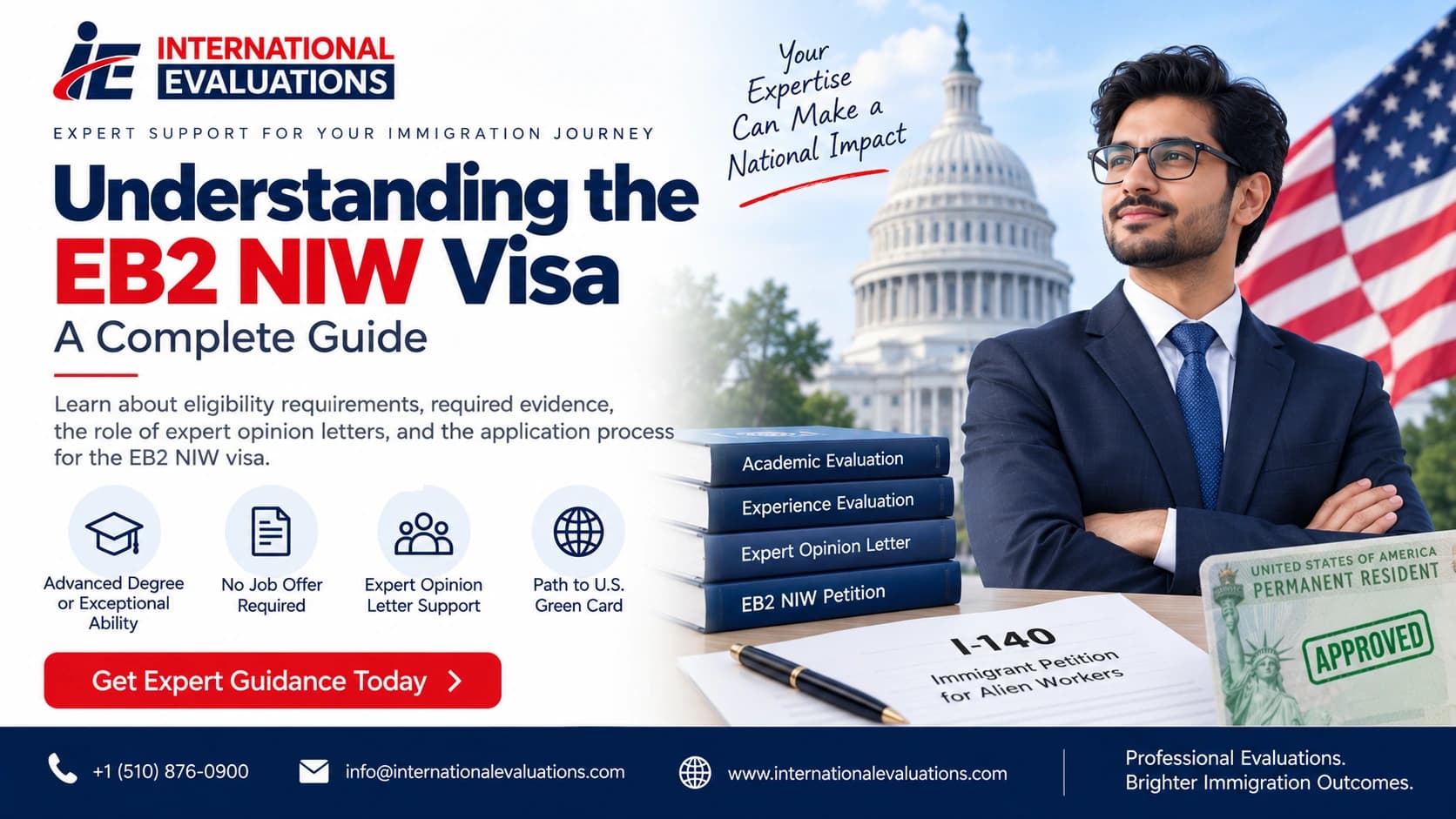 EB-2 NIW visa guide featuring professional expertise, U.S. immigration documents, and academic evaluation materials.
