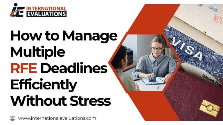 International Evaluations graphic featuring a visa document, an immigration professional reviewing paperwork, and the headline “How to Manage Multiple RFE Deadlines Efficiently Without Stress.”